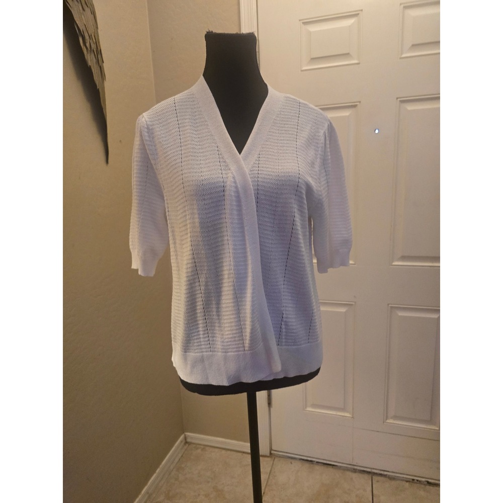 Kathy Ireland White Pointelle Knit Open Front Short Sleeve Cardigan L